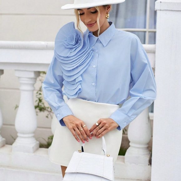 Blue Preppy Womens Rosette Button Front Shirt - Picture 5 of 5